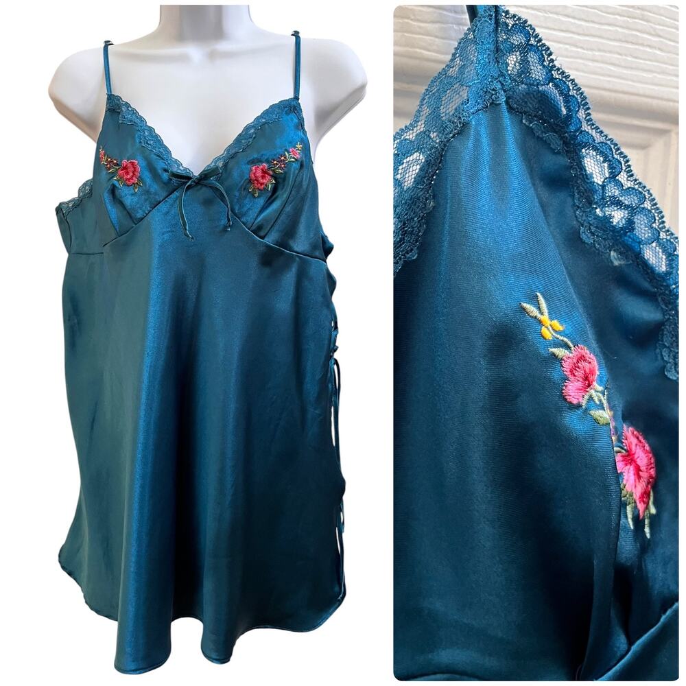 Cinema Etoile Teal Satin Floral Embroidery Open Side Tie Chemise Slip Large Flaw
